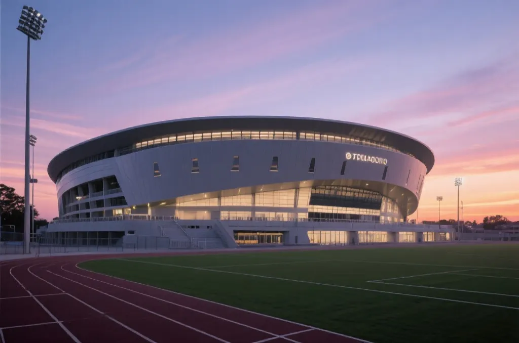 A grand, modern sports stadium exterior at sunset with a twilight sky, architectural concept, generic design without logos