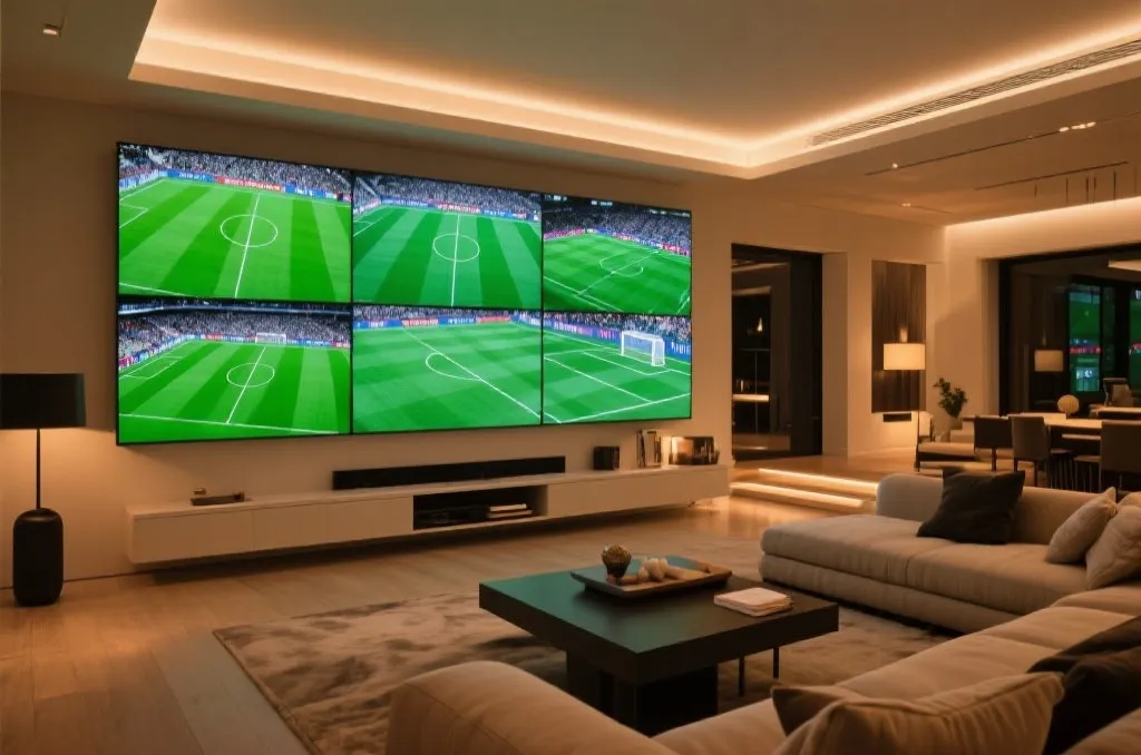 Multi-screen setup showing generic soccer match angles